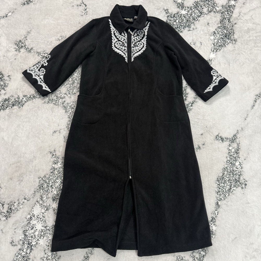 Bob Mackie Wearable Art Women's Black Embroidered Fleece Zip Front House Robe L
